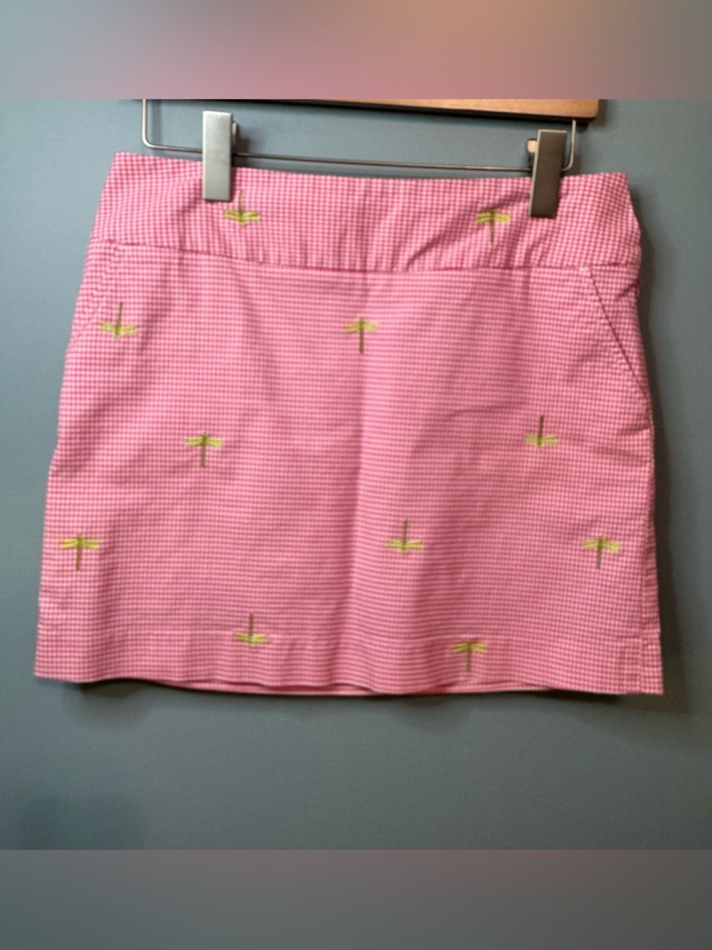 J. Crew Pink Gingham Mini Skirt Dragonfly Embroidered Cotton Stretch Size 6